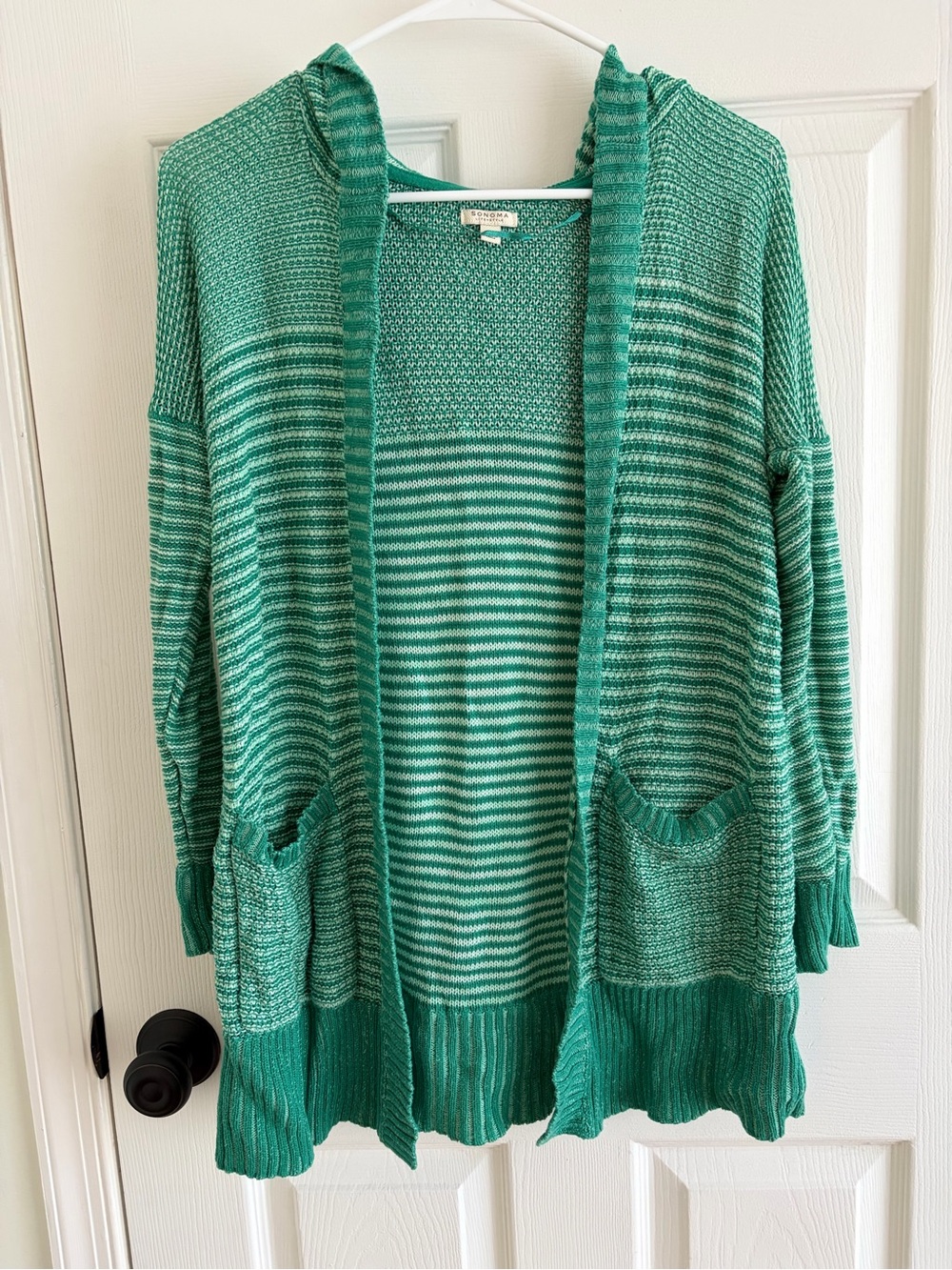 Sonoma Green Striped Open-Front Hooded Cardigan